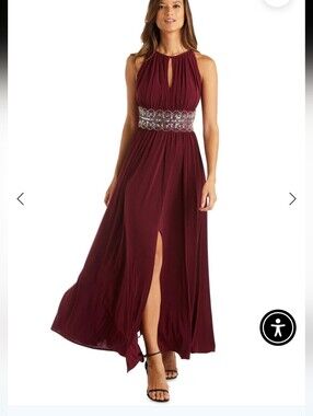 R&M Richards Burgundy Merlot Halter Long Evening  Gown Maxi Dress Beaded Waist